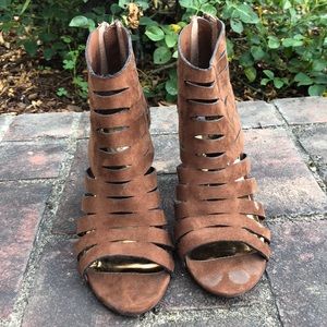 Brown faux-suede heeled booties
